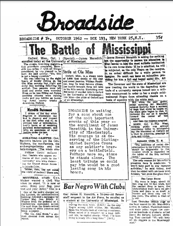 Magazine article of a competition for a song to be written about James Meredith enrolling into Mississippi University